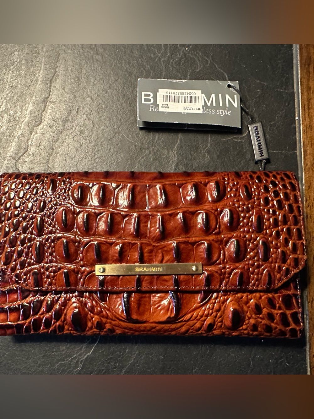 NWT - Brahmin Croc-Embossed Pecan Leather Wallet